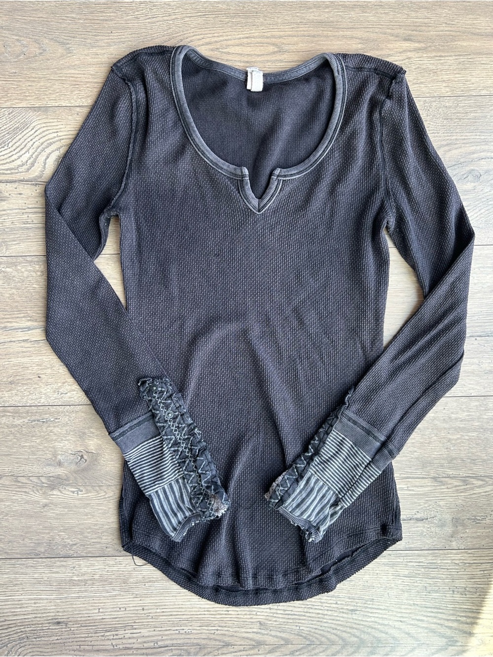 We The Free Charcoal Waffle Knit Long-Sleeve Top with Striped Ruffle Cuffs